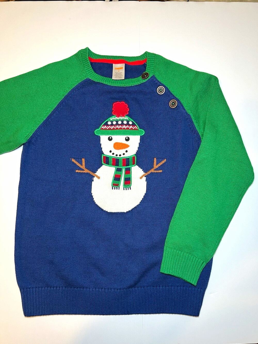 Gymboree Boys 8 Blue Green Holiday Express Snowman Cotton Knit Raglan Sweater